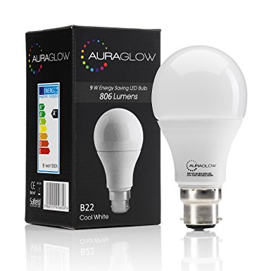 AURAGLOW 9w LED B22 Bayonet Light Bulb, Daylight Cool White, 60w EQV