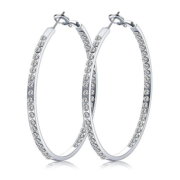 2" Charm Ladies Earring Hoops White Gold Plated High Shine Inside-Out CZ Big Hoop Earrings For Women 50MM