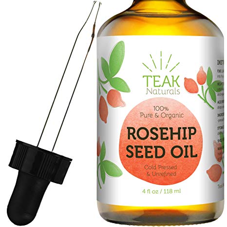 Rosehip Seed Oil by Teak Naturals, 100% Pure Organic Unrefined Cold Pressed Anti Aging Moisturizer for Hair Skin and Nails 4 oz