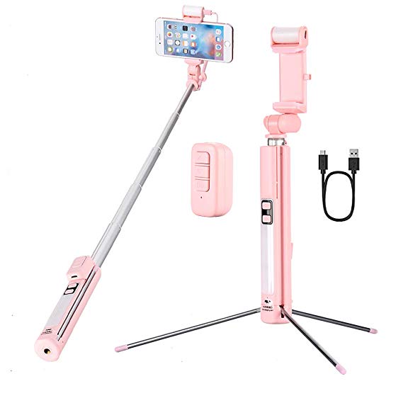 Selfie Stick Bluetooth with Tripod Stand, Detachable Wireless Shutter Remote, Monopod with Dual Night LED Fill Light for iPhone 8/8 /X/7/7 /6s/6 /SE, Galaxy S9/S9 Plus/S8/S8 , Android Phones - Pink