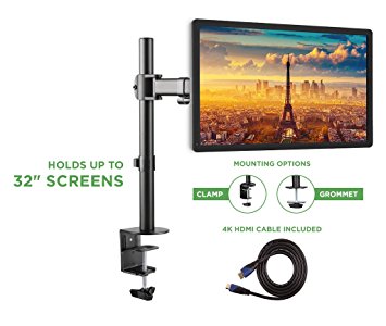 Jestik Single Monitor Arm - LCD Monitor Stand, Monitor Mount, Vesa Mount - Shift The Way You Work - 1 Screen Up To 32", 17.6 lbs Capacity, Clamp and Grommet Base, Plus 4K HDMI Cable (5ft) (JM-L13 DV8)