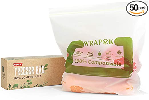 WRAPOK Compostable Freezer Bags 50 Count Large Biodegradable Gallon Storage Bag for Vegetables, Fruits or Meats