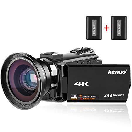 Kenuo 4K Camcorder, 48MP Portable Ultra-HD 60FPS WiFi Digital Video Camera 3.0" Touch Screen IR Night Vision Camcorder with External Microphone and Wide Angle Lens (Camera Lens)