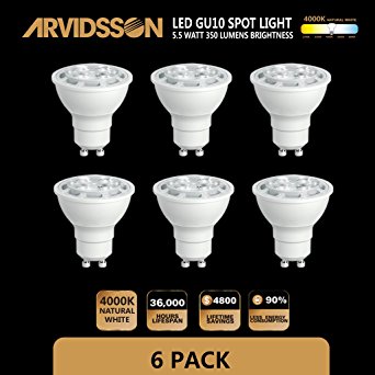 Arvidsson MR16 GU10 LED Bulbs, 4000K 5.5W NATURAL Warm White Glow Aluminum Reflector [Custom Lens] LED Spotlight, 50W Halogen Equivalent, GU10 Recessed Spotlights Indoor Track Lighting NON-DIMMABLE 6P