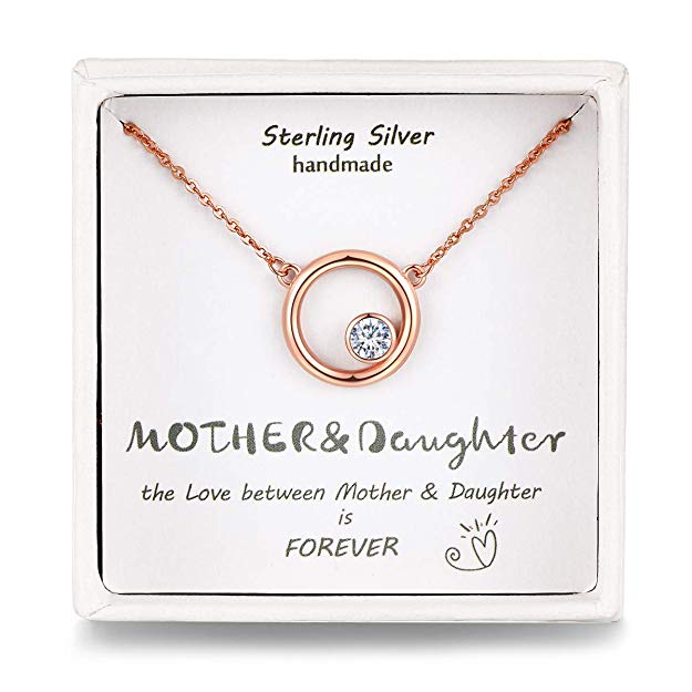 Presentski Mother Daughter Necklace,Silver/Rose Gold Color, 925 Sterling Silver Circle Solitaire Pendant Necklace Mothers Day Birthday Gift