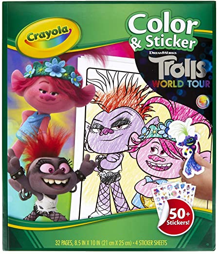 Crayola Trolls World Tour, Color & Sticker Activity, Trolls 2, Trolls Coloring Book, 32 Coloring Pages, Gift for Kids, Ages 3, 4, 5, 6, Multi, Model Number: 04-0917-0-000