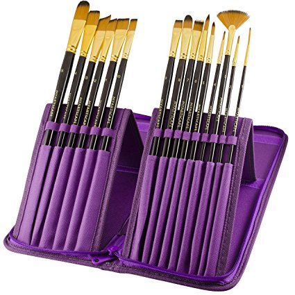 Paint Brushes - 15 Pc Brush Set for Watercolor, Acrylic, Oil & Face Painting | Long Handle Artist Paintbrushes with Travel Holder (Royal Purple) & Gift Box | Art Supplies by MyArtscape