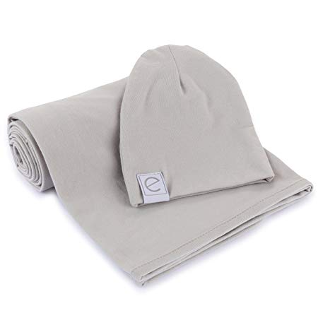 Cotton Knit Jersey Swaddle Blanket and 2 Beanie Baby Hats Gift Set, Large Receiving Blanket by Ely's & Co (Grey)