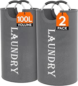 Lifewit 100L 2-Pack Large Laundry Basket, Collapsible Laundry Hamper with Aluminum Handles, Waterproof Freestanding Dirty Clothes Hampers for Laundry Room Bedroom Dorm Bathroom, Grey