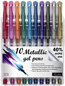 Koulora - 10 Metallic Gel Pens with 40% More Ink for Adult Coloring Books, Drawing, Scrapbooking and Journaling