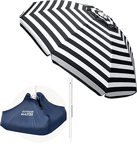 OutdoorMaster Beach Umbrella with Sand Bag - 6.5ft Beach Umbrella with Sand Anchor, UPF 50  PU Coating with Carry Bag for Patio and Outdoor - Navy Striped