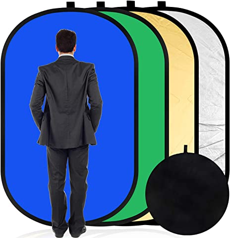 Konseen 4 in 1 Collapsible Pop-Up Background Reflector Panel 5x6.5feet Green Blue Screen Chromakey 100% Cotton Muslin Reversible Photo Backdrop for Photo Studio Video Shooting, Live Streaming etc