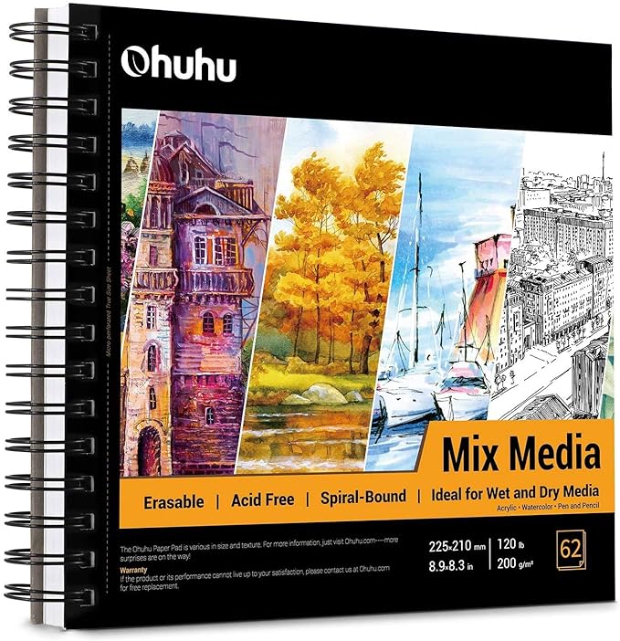 Mix Media Pad, Ohuhu 8.9"×8.3" Mixed Media Art Sketchbook, 120 LB/200 GSM Heavyweight Papers 62 Sheets/124 Pages, Spiral Bound Mixed Media Paper Pad for Acrylic, Watercolor, Pen and Pencil Painting