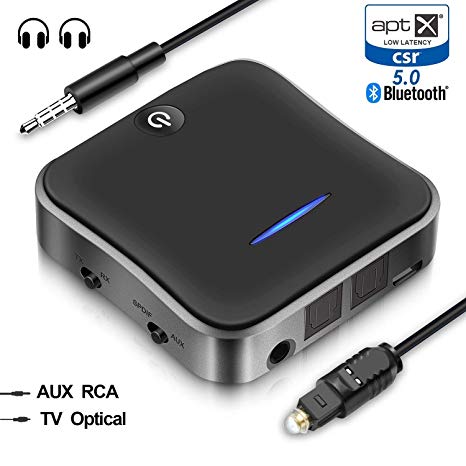 HiGoing Bluetooth 5.0 Transmitter Receiver,【Upgrade Software】 Digital Optical TOSLINK 3.5mm Wireless Audio Adapter TV/Home Stereo System - aptX HD, aptX LL, Low Latency, Pair 2 At Once