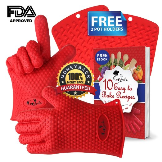 2 Cooking Gloves Heat Resistant with 2 Free Silicone Pot Holders and eCook Book - Oven Mitts for Men or Women and Protect Hands Upto 500F By the Koala Brand