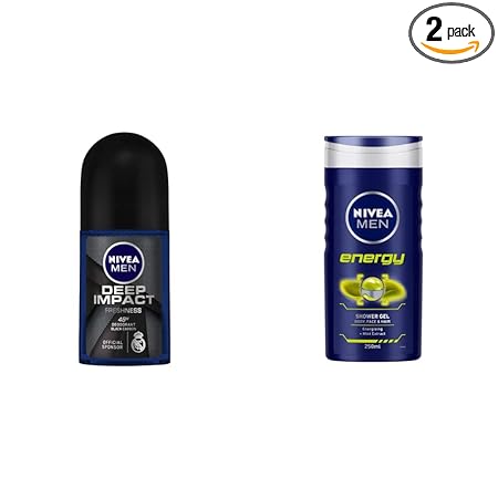 Nivea Men Deodorant Roll On, Deep Impact Freshness - 50ml & Men Body Wash, Energy with Mint Extracts, Shower Gel for Body, Face & Hair - 250 ml