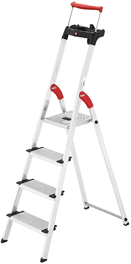 Hailo L85 ComfortLine Alu-Sicherheits-Stehleiter | 4 XXL-Stufen belastbar bis 150 kg | tiefe Standfläche & Haltegriff | Stehleiter mit Ablage | Aluleiter made in Germany | Leiter rostfrei | silber