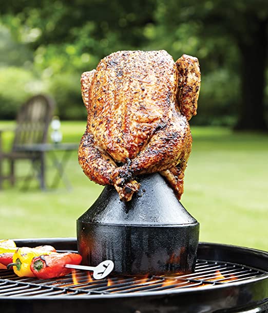 Outset 76633 Cast Iron Beer Can Chicken Holder, Garlic Roaster and Flavor Infuser, Black