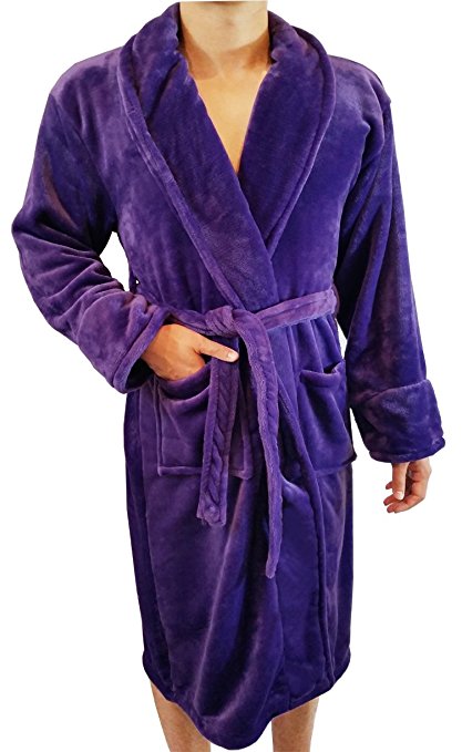 FASCIINO Men's Full Length Shawl Collar Velour Microfiber Fleece Bathrobe Spa Robe