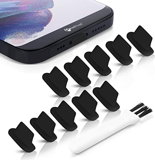 PortPlugs Dust Plugs (10 Pack) Rounded Design Compatible with iPhone 12, 11, X, 8, 7, Plus, Pro, Max and Air Pods, Includes Charging Port Cleaning Brush (Black)