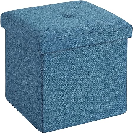 VECELO Storage Ottoman, 11.8'' Folding Footstools, Multipurpose Foot Rest Stool, Foldable Linen Fabric Ottomans, Small Square Ottoman Cube for Living Room/Bed Room/Dorm, Blue