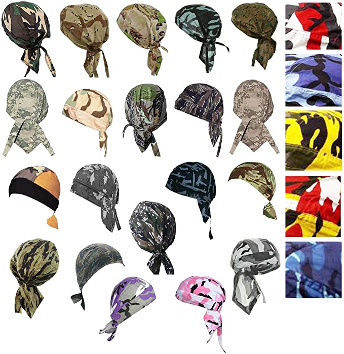 Camouflage Doo-Rag Assorted Lot Camo Do-Bandana 5 Skull Caps Du-Wrap