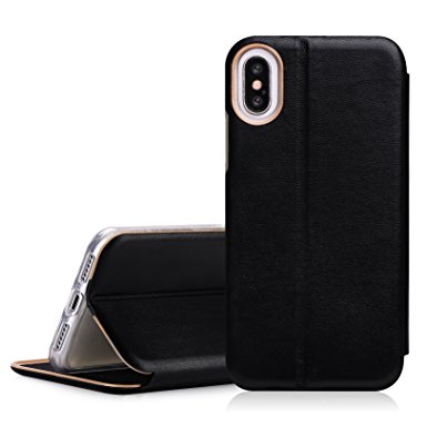 iphone X Case, FYY 100% Handmade Genuine Leather Wallet Case with Card Slot and Kickstand Function for iphone X Black (Kid Leather)