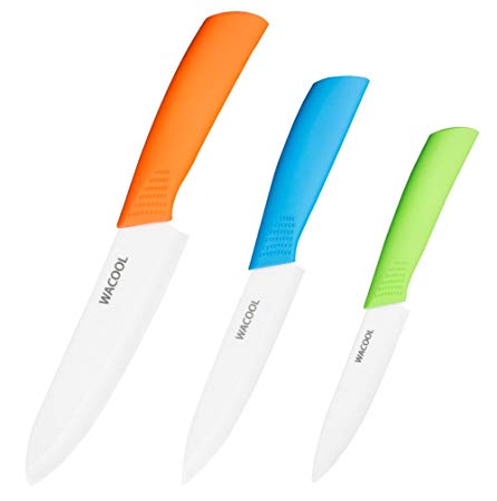 WACOOL Ceramic Knife Set 3-Piece (Includes 6-inch Chef's Knife, 5-inch Utility Knife and 4-inch Fruit Paring Knife), with 3 Knife Sheaths for Each Blade (Colorful)