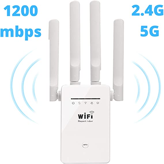 Limited Time Offer - WiFi Range Extender Dual Band High Power 1200Mbps High Speed - Easy One Click WPS Setup - 4 High Power dBi Antennas for 360° Coverage - 3 Functions: Repeater Router and AP
