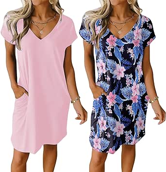 Ekouaer Womens 2 Pack Nightgown V Neck Sleepshirt Short Sleeve Nightshirt Plain/Floral Pajama Dress with Pockets