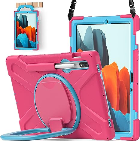 BATYUE Samsung Galaxy Tab S7 (2020)/ S8 (2022) Case 11 inch,Cover for SM-T870 T875 X700 X706, Shockproof Protective Rugged Case with Pencil Holder/Rotating Bracket/Shoulder Strap - Rose Red&Blue