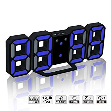 LED Digital Alarm Clock For Desk / Shelf / Tabletop, Modern Home Decoration 3D Wall Clock, Easy To Read at Night, Loud Alarm and Snooze, Big Digit Display (Black Frame, Blue Light)