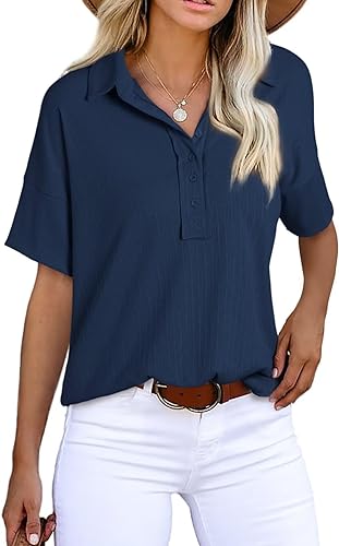 Astylish Women Short Sleeve Henley Shirts V Neck Tunic Button Ribbed Knit Tops Dressy Casual Pullover
