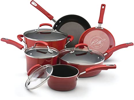 Rachael Ray 11535 Porcelain/Hard Enamel Cookware Set, Red Gradient, 10 Piece (Pack of 1)