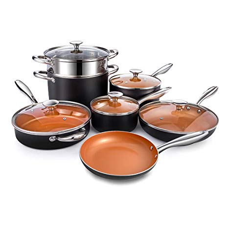 Michelangelo Copper Cookware Set 12 Piece with Non-Stick Ceramic Titanic Coating, Induction Pots and Pans, Nonstick Cookware Set - Includes Skillets, Saute Pans, Stock Pots and Steamer Insert - Copper