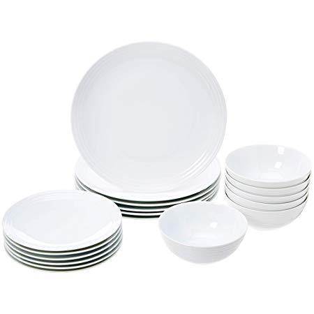 AmazonBasics 18-Piece Dinnerware Set - White Embossed Porcelain, Service for 6