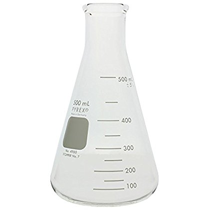 Corning 4980-500 PYREX Narrow Mouth Erlenmeyer Flask with Heavy Duty Rim, 100 mL capacity-500 mL capacity Graduation Range, Rubber Stopper Number 7, 101 mm Diameter