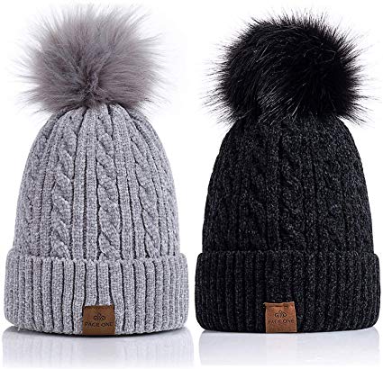 PAGE ONE Women Winter Pom Pom Beanie Hats Warm Fleece Lined,Chunky Trendy Cute Chenille Knit Twist Cap