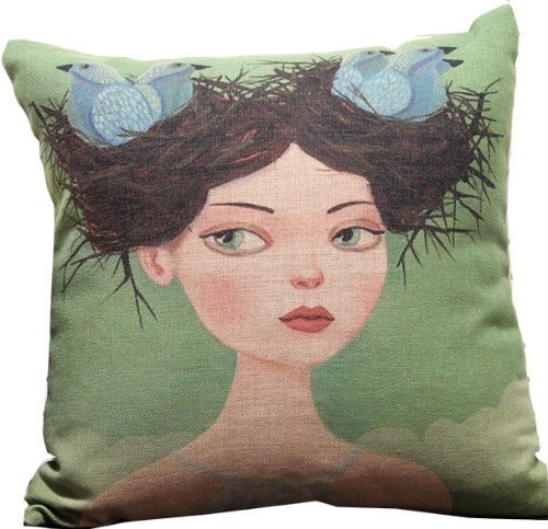 Sunny Outlets Decorative 18 X 18 Inch Linen Cloth Pillow Cover Cushion Case, Birds Nest Girl