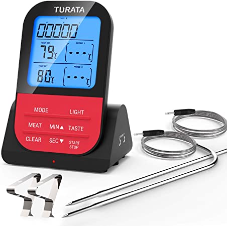 TURATA Wireless Remote Kitchen Cooking Meat Thermometer, Duals Probes for Smoker Grill Oven Preset Temperature Distant Control Instant Read Thermometer, Monitors Food from 260 Feet Away (Red)