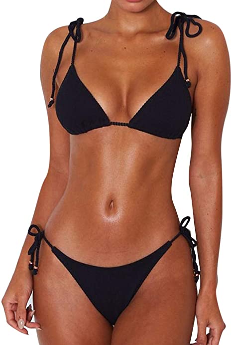 MOOSLOVER Women's Ribbed Tie Bikini Brazilian Cheeky Bottom String Swimsuit