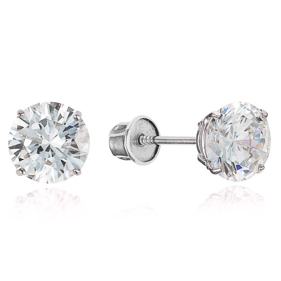 Sterling Silver Rhodium Plated All CZ 4mm Stud Children Screwback Earrings Baby Toddler and Kids