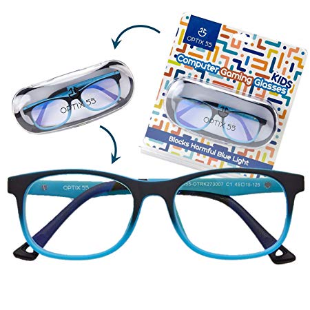 Kid’s Blue Light Blocking Glasses – Flexible Blue Square Frames, Computer and Gaming Eyeglasses for Boys - Bendable and Unbreakable - by Optix 55