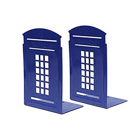 Bookends Blue, MerryNine 1 Pair Heavy Metal Non Skid Sturdy Telephone Booth Decorative Gift for Bookshelf Office School Library