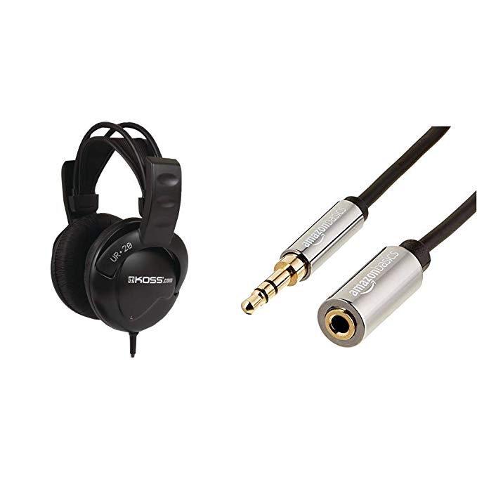 Koss UR-20 Home Headphones & AmazonBasics 3.5mm Male to Female Stereo Audio Cable - 12 Feet (3.66 Meters)