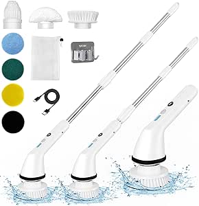 Electric Spin Scrubber, 8 in 1 Up to 450RPM Electric Cleaning Brush Cleaning, Power Scrubber with 6 Replaceable Brush Heads and Extension Arm, Shower Scrubber for Bathroom, Car, Floor