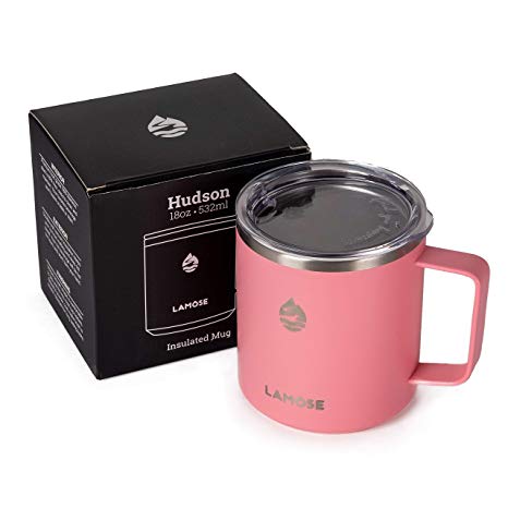 LAMOSE Hudson 18oz Insulated Coffee Tumbler/Mug/Cup | Stainless Steel, Camping, BPA Free, Dishwasher Safe, Double Wall, Vacuum, Thermos, Eco-Friendly, Healthy Gift | Pink