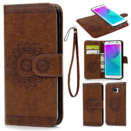 Galaxy S7 Edge Case, S7 Wallet Case Oil Wax Embossed Totem Flowers PU Leather Cover Detachable Wallet Folio Case Magnetic Card Slot Holder Wrist Strap Skin for Samsung Galaxy S7 Edge Brown