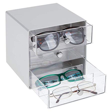 mDesign Stackable Plastic Eye Glass Storage Organizer Box Holder for Sunglasses, Reading Glasses, Accessories - 3 Divided Drawers, Chrome Pulls - Gray/Clear