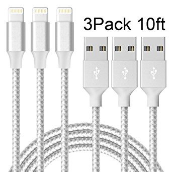 Lightning Cable,ONSON Charger Cables 3Pack 10FT to USB Syncing and Charging Cable Data Nylon Braided Cord Charger for iPhone 7/7 Plus/6/6 Plus/6s/6s Plus/5/5s/5c/SE and more (Silver&White)